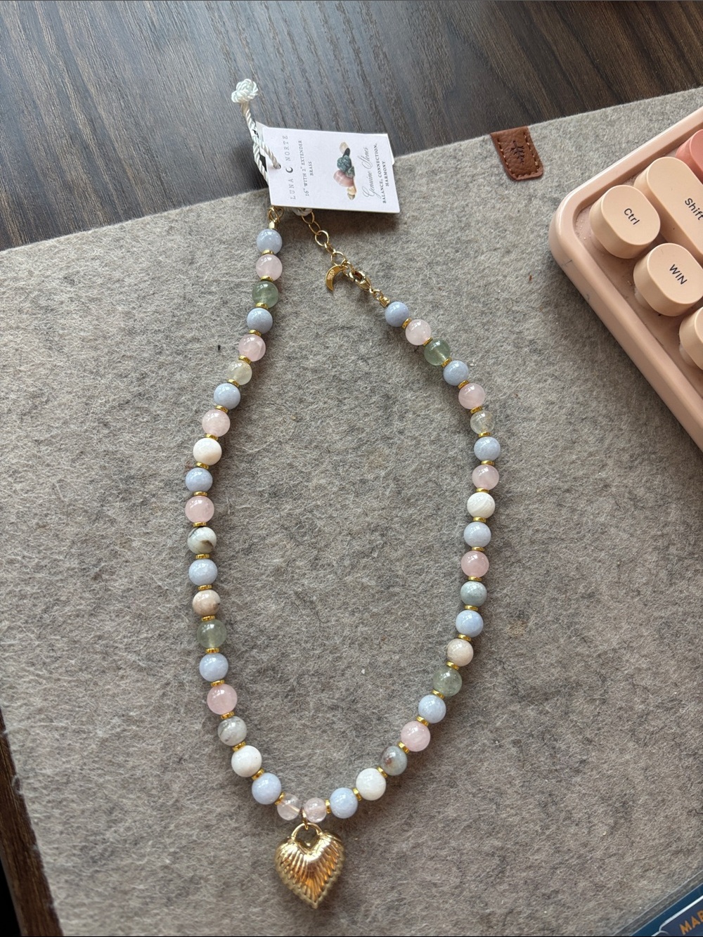 Gold Heart Pendant Beaded Necklace Pastel colors - Picture 2 of 3